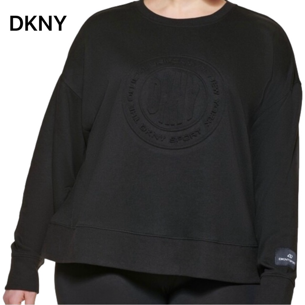DKNY Sport Sweatshirt Womens Embossed-Logo Crewneck BLK Plus 2X NWT